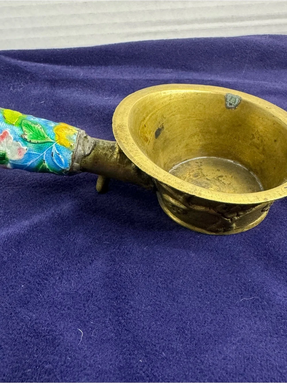 Chinese Vintage Silk Iron Brass Repousse Blue Enamel Floral Detailed Unique